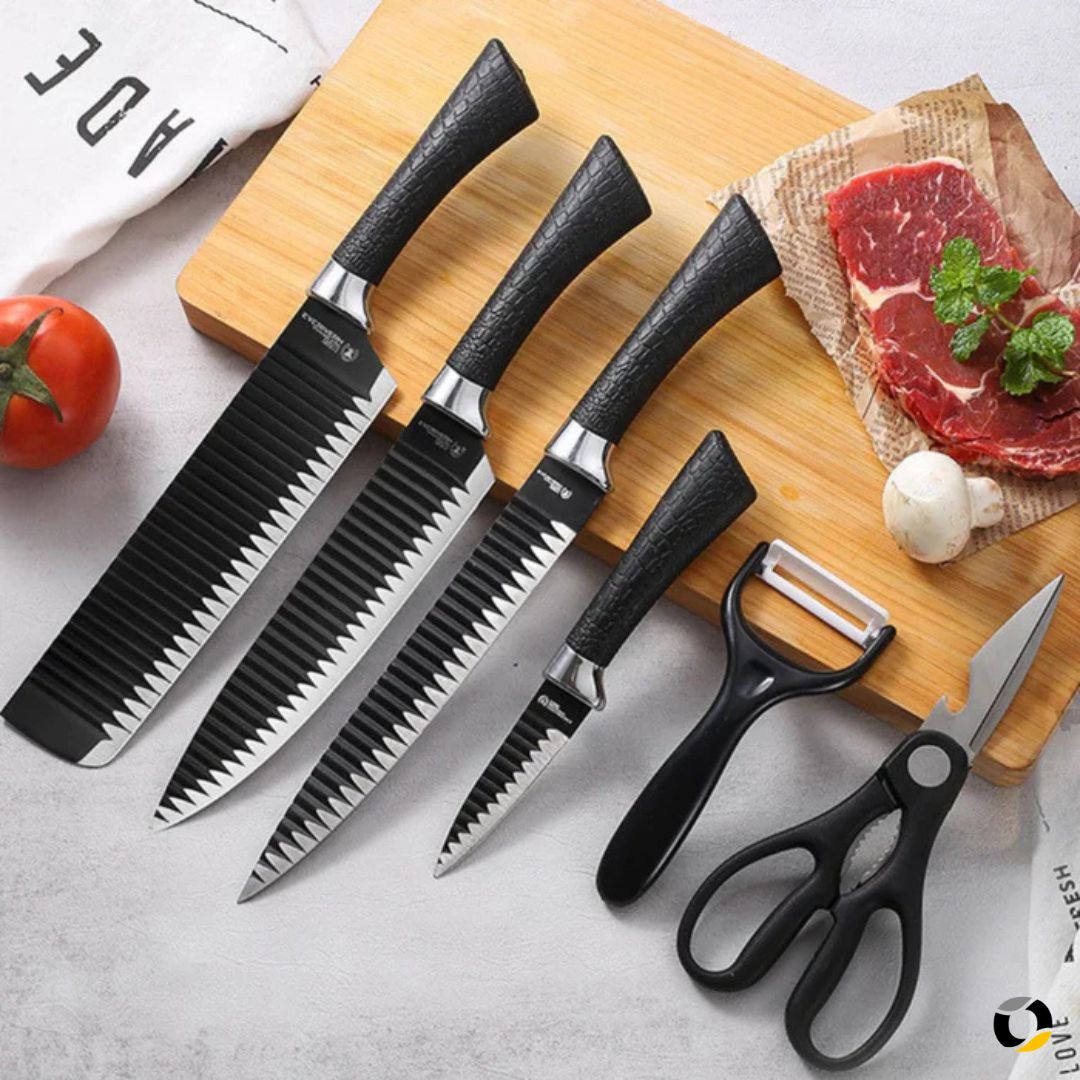 Juego de Cuchillos Profesionales Carbono Premium + Pelador + Tijera + Afilador Electrico Gratis - ¡Oferta Limitada!